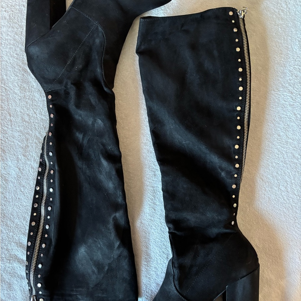 Black Studded Knee-High Boots
